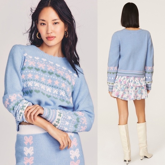 LOVESHACKFANCY 90s Pastel Heart Bow Fair Isle Knit Pullover Cropped Sweater XL - Picture 10 of 16